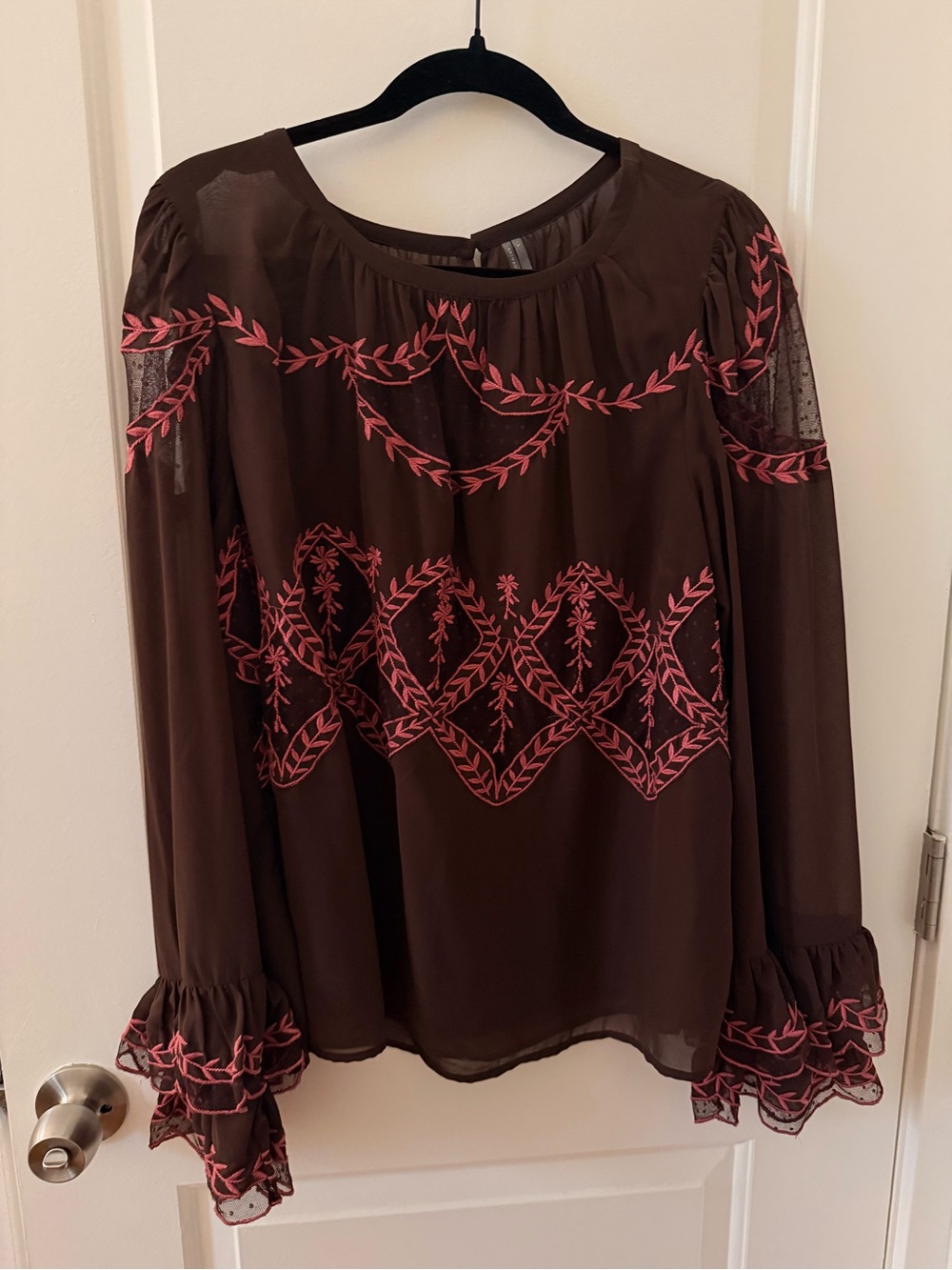 Anthropologie Brown Semi-Sheer Blouse with Pink Embroidery
